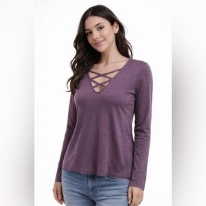 Glitz Purple Criss Cross V-Neck Long Sleeve Top | Size M